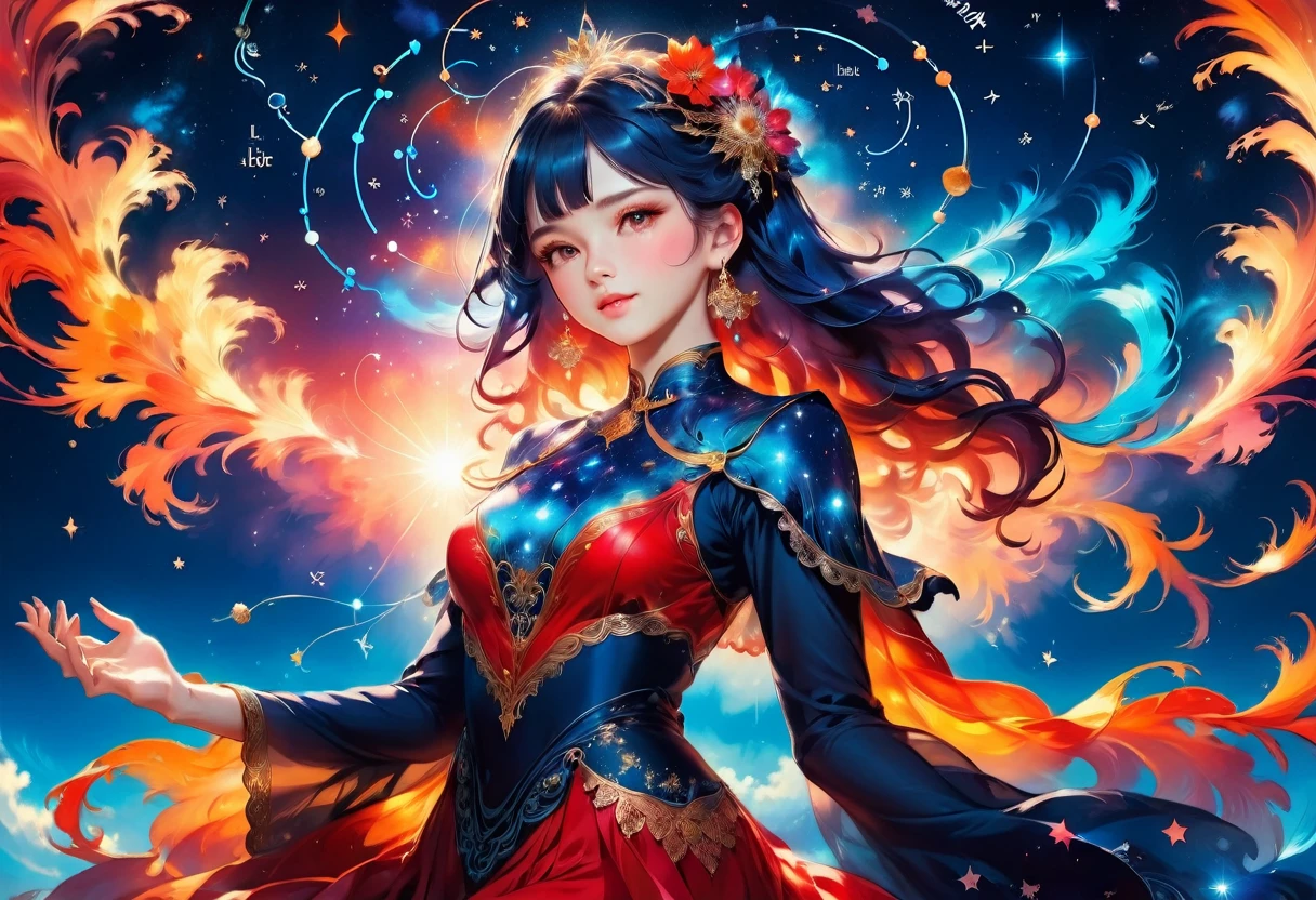 a portrait of an astrologer looking at libra constellation in the night sky, an extraordinary beautiful woman, there is magic in her eyes divining the future from the Libra constellation, dynamic hair color, dynamic hair style, wearing an intricate red dress decorated with glowing stars, she looks to the night sky seeing the ((Libra constellation in the sky: 1.5)), vibrant, Ultra-high resolution, High Contrast, (masterpiece:1.5), highest quality, Best aesthetics), best details, best quality, highres, 16k, [ultra detailed], masterpiece, best quality, (extremely detailed), Cinematic Hollywood Film, magical sky, FireMagicAI, dark novel