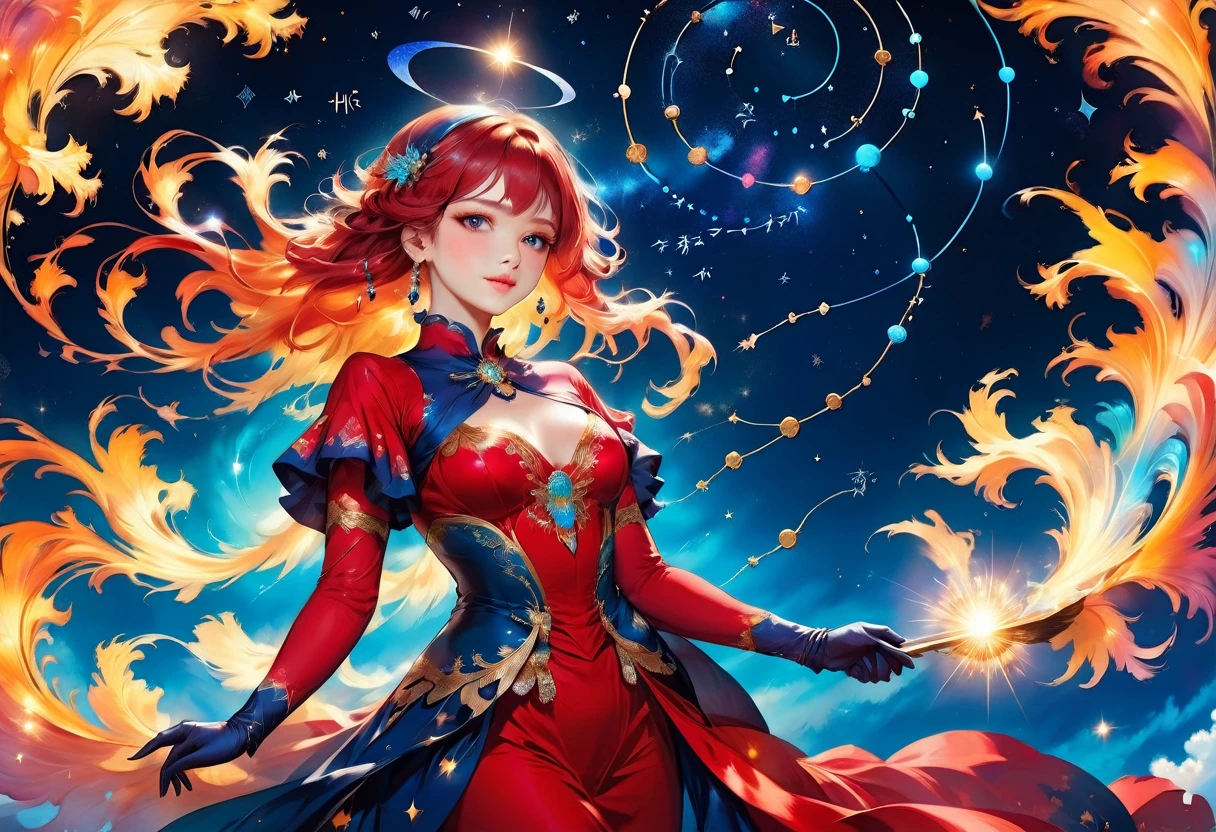 a portrait of an astrologer looking at libra constellation in the night sky, an extraordinary beautiful woman, there is magic in her eyes divining the future from the Libra constellation, dynamic hair color, dynamic hair style, wearing an intricate red dress decorated with glowing stars, she looks to the night sky seeing the ((Libra constellation in the sky: 1.5)), vibrant, Ultra-high resolution, High Contrast, (masterpiece:1.5), highest quality, Best aesthetics), best details, best quality, highres, 16k, [ultra detailed], masterpiece, best quality, (extremely detailed), Cinematic Hollywood Film, magical sky, FireMagicAI, dark novel