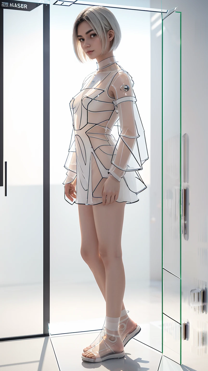Highest quality,The perfect masterpiece,Perfect artwork,Official Works,8K,, (full body:1.5),((front view)),close-up lens,Delicate face,, 17 years old,White-haired girl,(hakuhatsu:1.5),short and medium hair,((White transparent eyes:1.5)),(white dress:1.2),(Transparent clothing:1.2),(Black background:1.3),, pearl illusion,Cyberpunk,fashion trend,3s material,high-definition,detail representation,c4d,3D,octane rendering,ray tracing,complex details,animated lighting,OCrenderer,