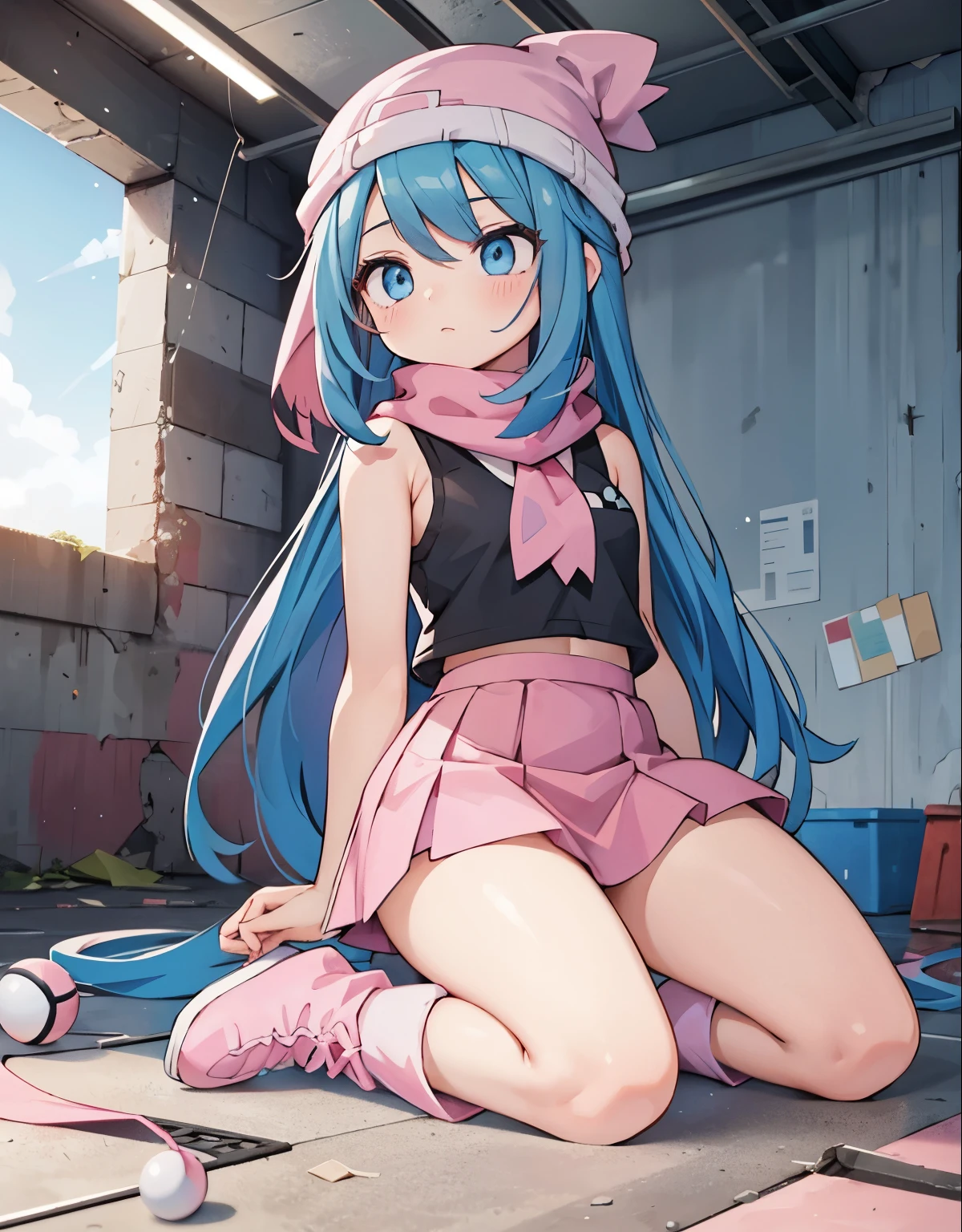 an unconscious girl face down inside an abandoned warehouse, \(pokemon\), beanie, long hair, blue hair, blue eyes, detailed eyes, beautiful eyes, black sleeveless shirt, pink scarf, pink skirt, pink boots, body shape, chubby thighs,women&#39;s bag and women&#39;s accessories on the floor, View from above