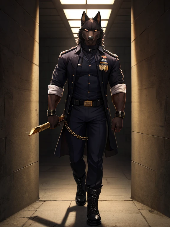 embedding:black wolf, male,Black sunglasses,Scar on the nose.Scar on the face, scar on the body,Single person,Prison guard,Warden's uniform,Leather boots，Prison scenes,With a baton in hand.A dark cell.At night,An airtight cell,Exquisite background,Serious,Chains,black fur,The highest quality of scene detail,adult,Tall and powerful,muscle，Best quality hands, best quality eye，detailed fur，Delicate eyes.Extreme picture quality，by sollyz,by zixiong,by milkytiger1145