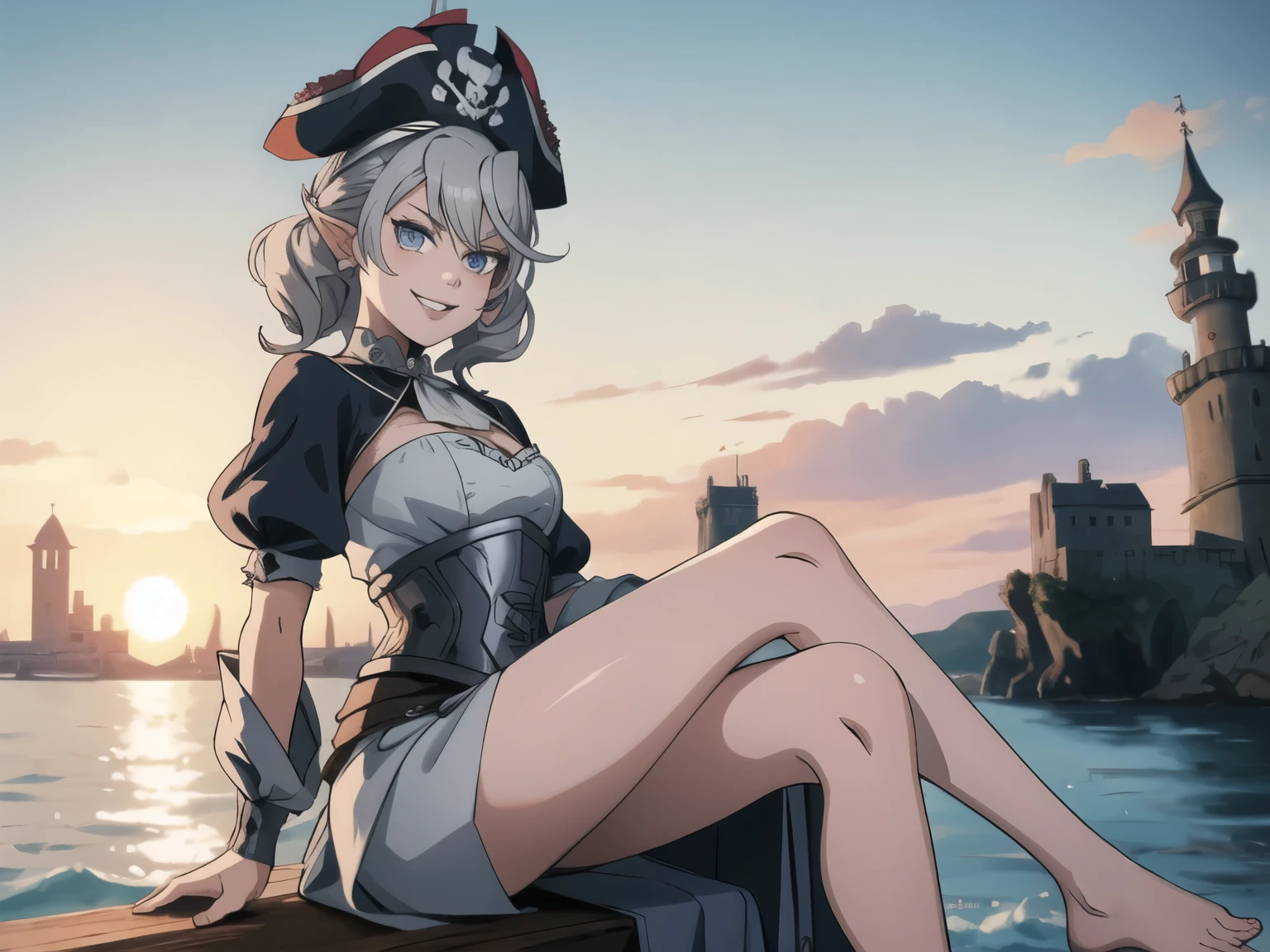 Beautiful arts wallpaper Sunset Outside castle top High level image quality best image quality 8K adult woman on pirate ship with black seals more colors whole body view portrait ears short hair((shortcut)(gray hair)(perm)(fluffy)) eye color is blue , , attractive evil face , smile , wering pirate dress, pirate hat , labrynth , sitting with crossed legs , barefoot , side