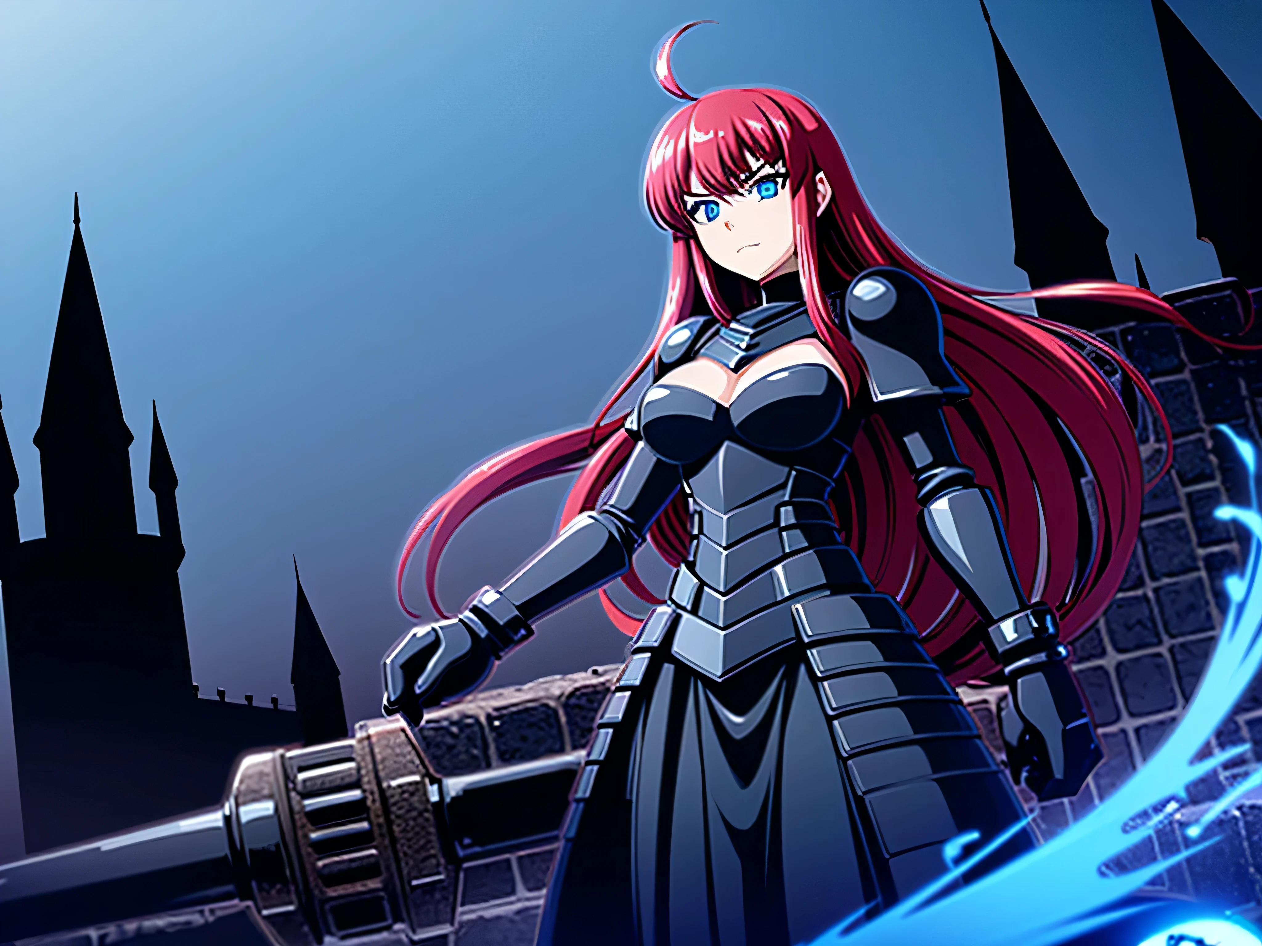 Anime woman, bright blue eyes, red hair, ahoge, wearing a black armor, Cinematic background, medieval world, huge gothic castle background