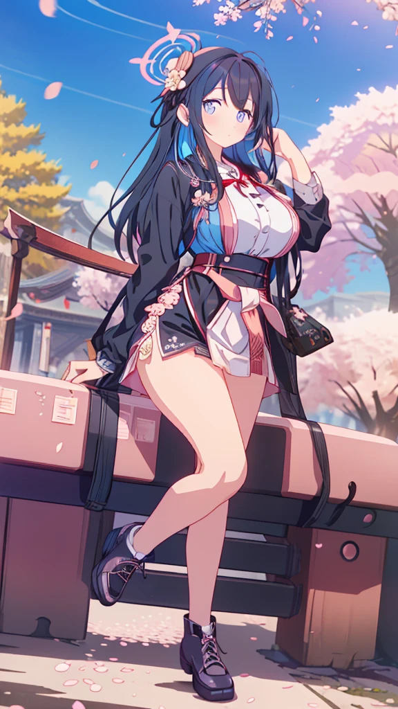 best quality, extremely detailed, anime style adult 1girl, long hair down to the waist, straight hair, ((dark black hair with bluish)),crown braid,beautiful detailed eyes, pinched eyes, dark blue eyes, huge breasts,curvy,(((colorful clothing))),Western clothes,Active Clothing,Clothing with intricate decorations,((foppery shoes)),animation cap,animated gif,((((Cherry Blossom Park)))),((pov))