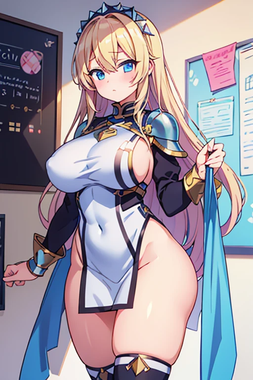 Cute naughty knight armor girl, Pastel colors hair, (large breasts:1.2, Thighs:1.2, thick legs:1.2, curvy:1.2), blonde hair, hair down, bangs between eyes, long hair, blue eyes,(naked:1.3), standard height, (blush:1.2, expressionless), garter ring, at the adventurer's guild, A bulletin board with posted paper, holding sword