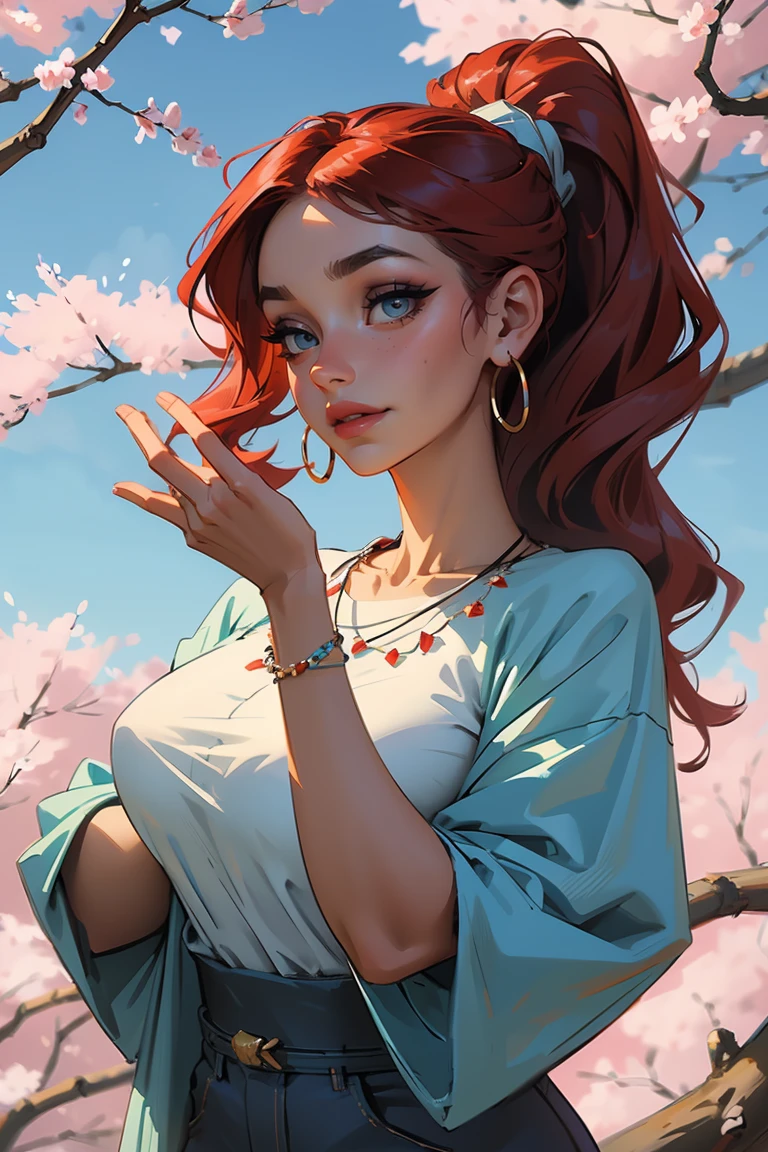 Goddess ((goddess-like woman)), slim, elegant silhouette, masterpiece, (close angle), best quality, cute face, (masterpiece:1,2, best quality), (real picture, intricate details), ( 1 lady, solo, medium tits, narrow waist, (long hair), a woman with long hair, red hair, long wavy red hair, high ponytail, turquoise eyes, she has an impressive presence., bracelet, hoop earrings, jewelry, beautiful face, beautiful eyes, she looks the Looking at viewer, she is wearing earrings, necklace, many different bracelets, wearing a big denim shirt like a dress, sweet irresistible smile, elegant pose, elegant hands, beautiful hands, perfect fingers, background: background: Park, Japanese garden Cherry trees, cherry blossoms, blue sky, upper body view,