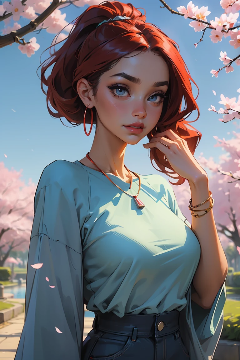 Goddess ((goddess-like woman)), slim, elegant silhouette, masterpiece, (close angle), best quality, cute face, (masterpiece:1,2, best quality), (real picture, intricate details), ( 1 lady, solo, medium tits, narrow waist, (long hair), a woman with long hair, red hair, long wavy red hair, high ponytail, turquoise eyes, she has an impressive presence., bracelet, hoop earrings, jewelry, beautiful face, beautiful eyes, she looks the Looking at viewer, she is wearing earrings, necklace, many different bracelets, wearing a big denim shirt like a dress, sweet irresistible smile, elegant pose, elegant hands, beautiful hands, perfect fingers, background: background: Park, Japanese garden Cherry trees, cherry blossoms, blue sky, upper body view,