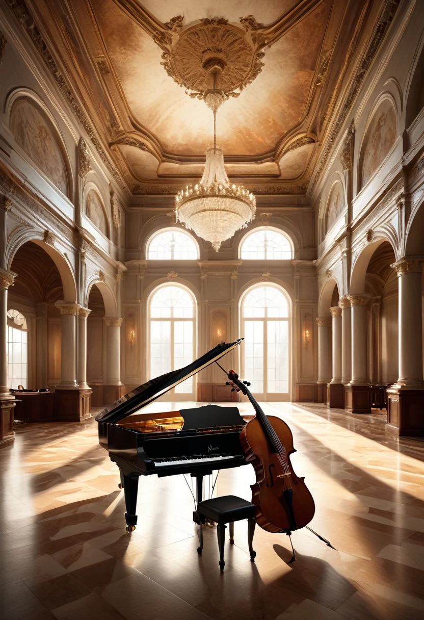 a grand piano, a cello, a violin, classical music, concert hall, musicians playing, cinematic lighting, dramatic shadows, elegant interior, vaulted ceiling, rich wooden textures, reflective marble floor, (best quality,8k,highres,masterpiece:1.2),ultra-detailed,(realistic,photorealistic,photo-realistic:1.37),intricate details,dramatic composition,warm color palette,chiaroscuro lighting