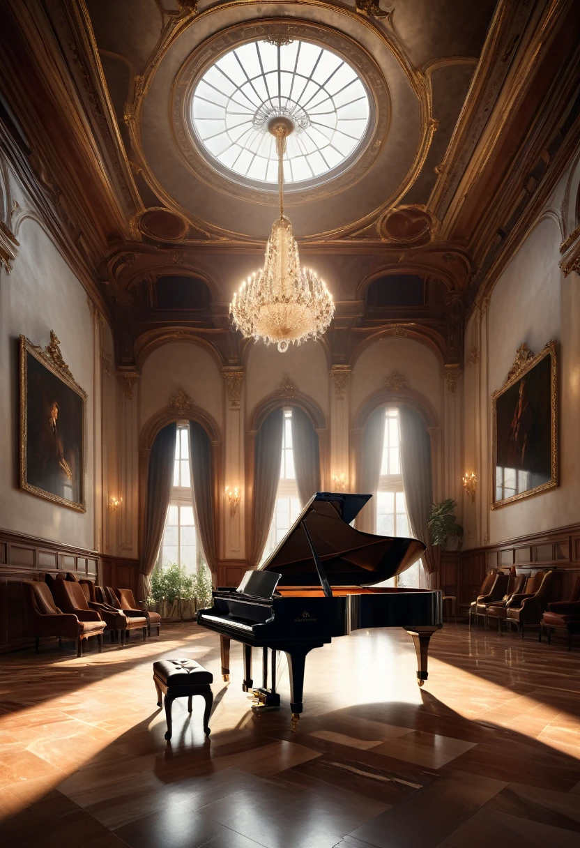 a grand piano, a cello, a violin, classical music, concert hall, musicians playing, cinematic lighting, dramatic shadows, elegant interior, vaulted ceiling, rich wooden textures, reflective marble floor, (best quality,8k,highres,masterpiece:1.2),ultra-detailed,(realistic,photorealistic,photo-realistic:1.37),intricate details,dramatic composition,warm color palette,chiaroscuro lighting