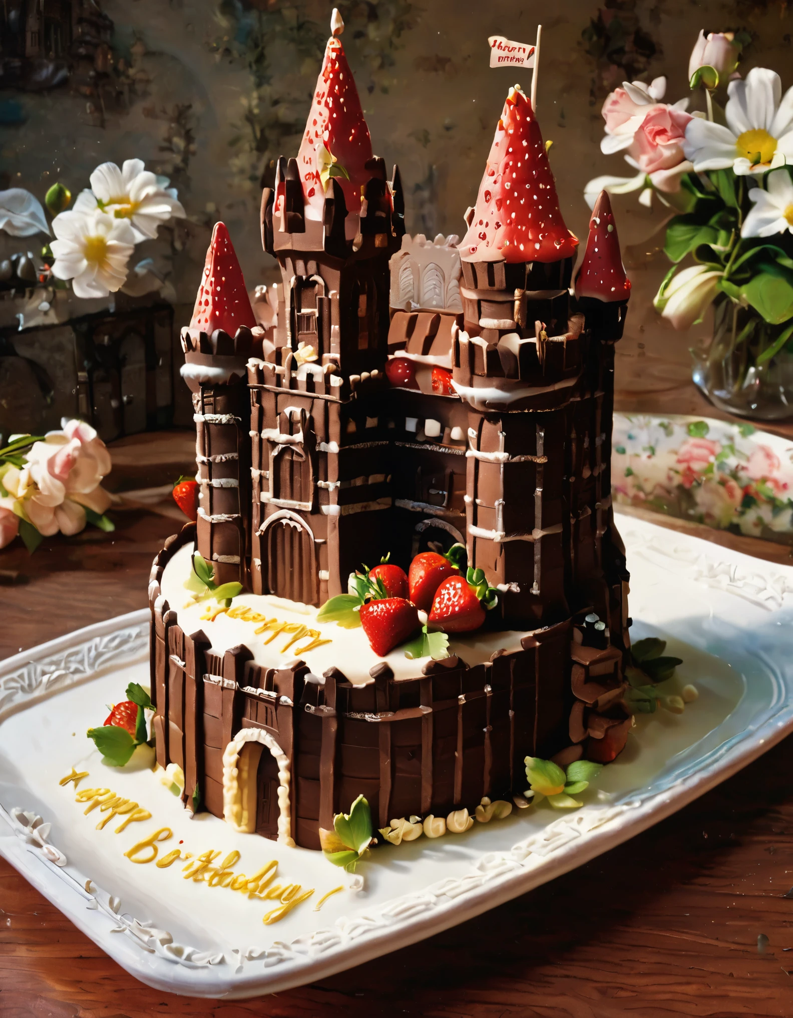 A cake made of layers of chocolate cake, Vanilla Frosting, And strawberries. The cake is in the shape of a castle with a drawbridge and a moat.. The castle is surrounded by a floral garden. Next to the cake「happy birthday」There is a sign that says.