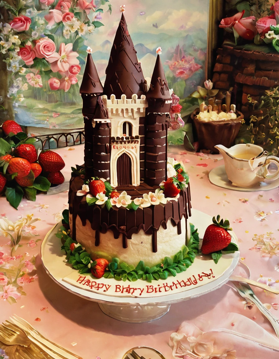 A cake made of layers of chocolate cake, Vanilla Frosting, And strawberries. The cake is in the shape of a castle with a drawbridge and a moat.. The castle is surrounded by a floral garden. Next to the cake「happy birthday」There is a sign that says.