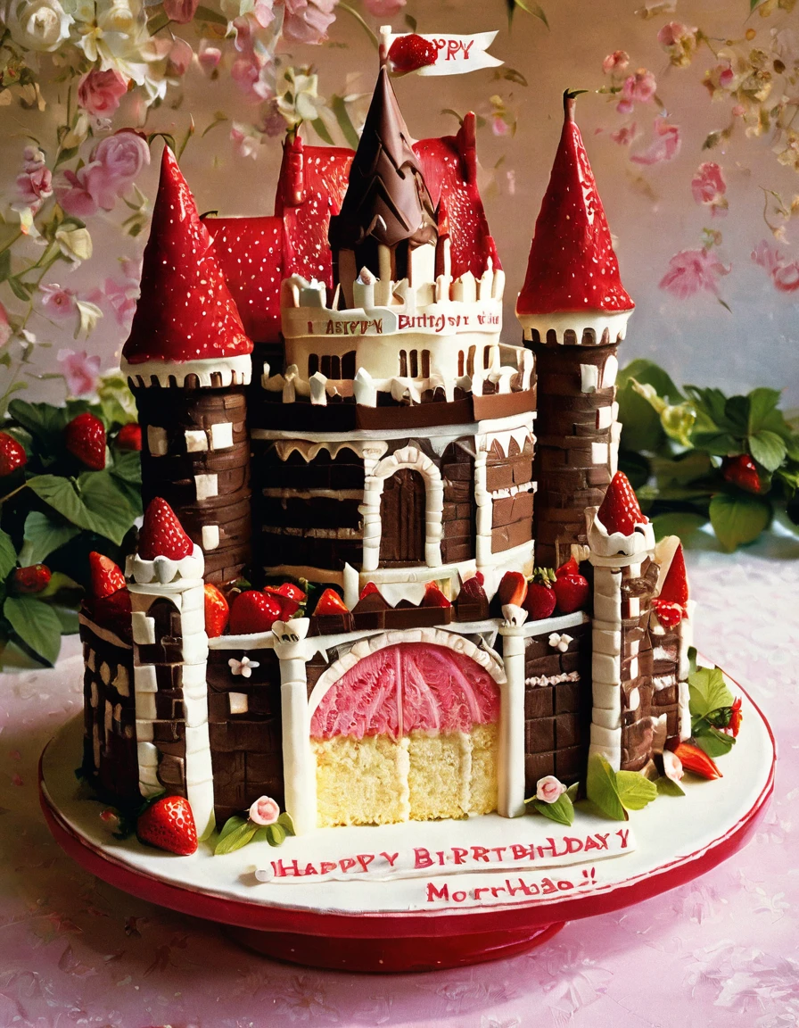 A cake made of layers of chocolate cake, Vanilla Frosting, And strawberries. The cake is in the shape of a castle with a drawbridge and a moat.. The castle is surrounded by a floral garden. Next to the cake「happy birthday」There is a sign that says.