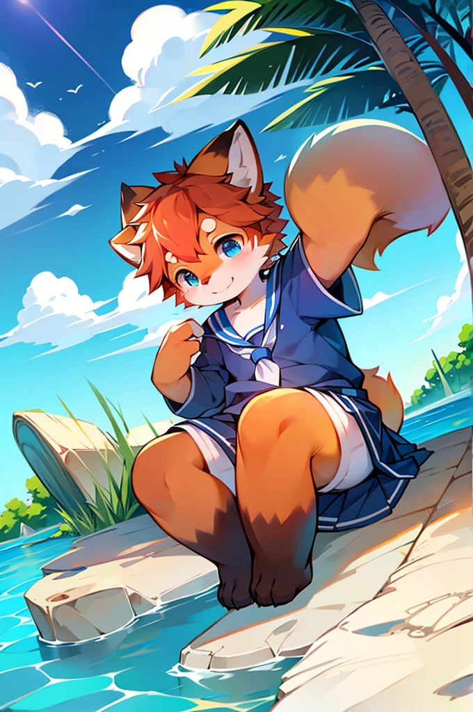 Male Red Panda, Ocean, Appeared wearing a sailor uniform! One in heat, Sitting,fly in the sky，Blue light with two legs，