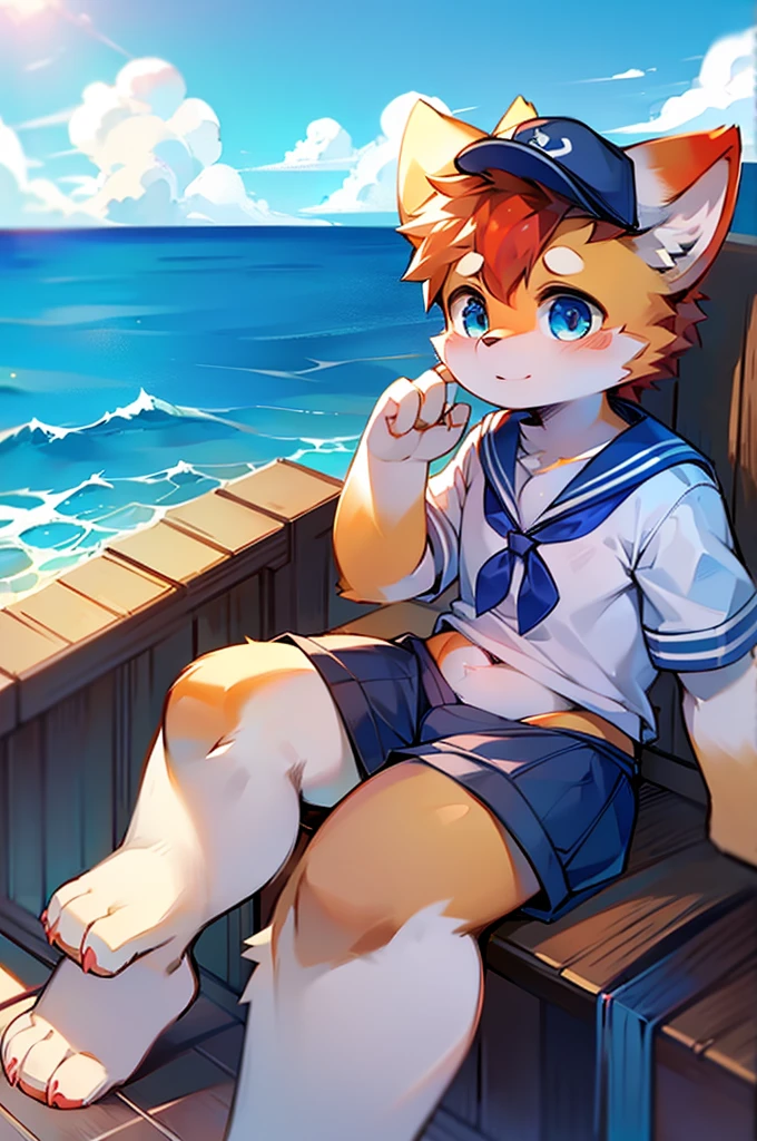 Male Red Panda, Ocean, Appeared wearing a sailor uniform! One in heat, Sitting,fly in the sky，Blue light with two legs，