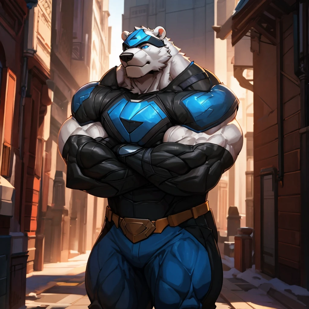 high quality, best quality, 8k, masterpiece, hyper detailed, cinematic lighting, dramatic lighting, sharp focus, RAW photo, octane render, physically-based rendering, photorealistic, highly detailed, intricate details, 1 anthropomorphic white polar bear, superhero, muscular body, ripped chest, white fur, standing on rooftop, blue eye mask, blue and black super suit, blue breastplate, blue pants and boots, black sleeves, muscular biceps, gold triangle belt, blue gloves, crossed arms, heroic pose