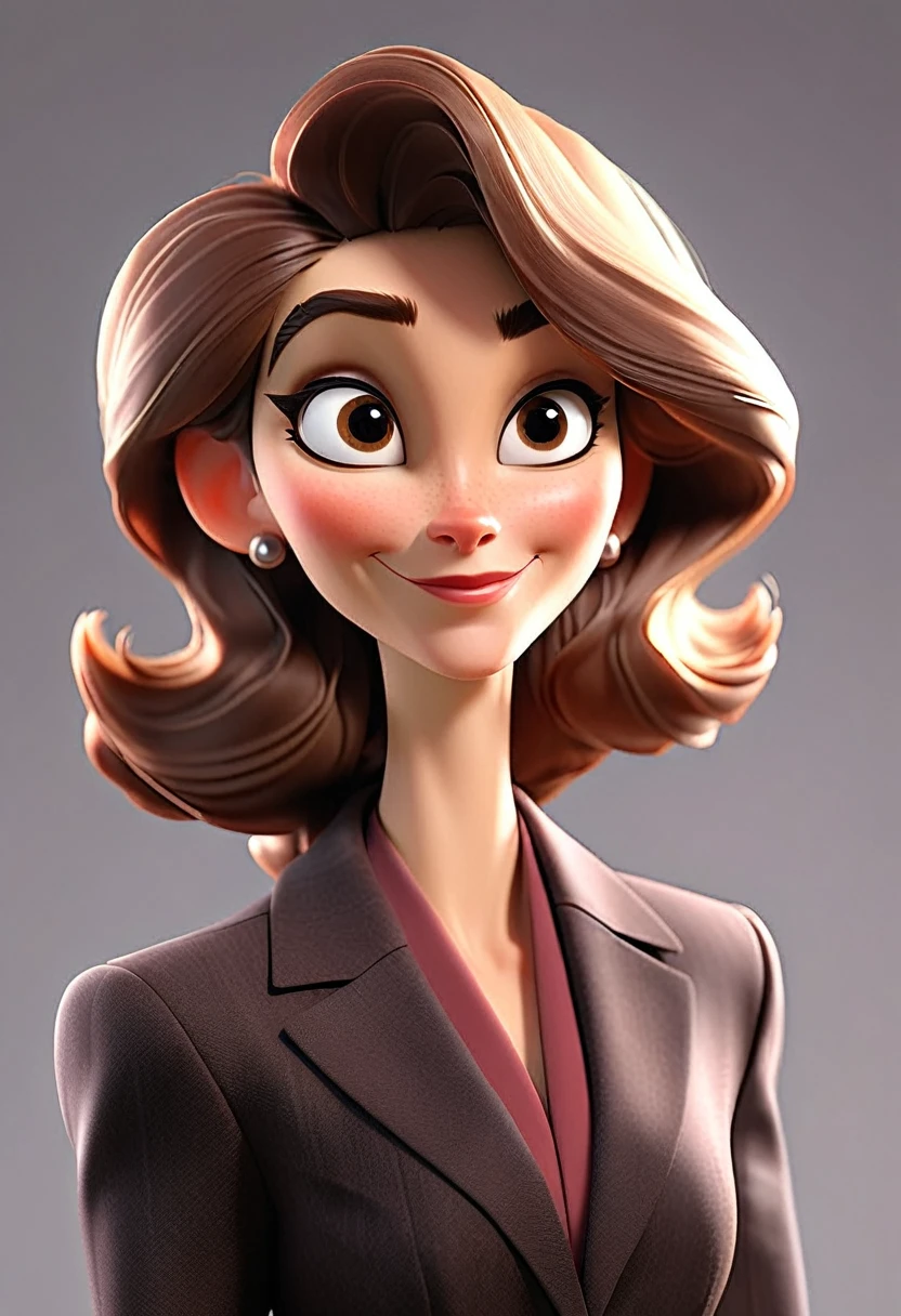 A middle-aged European woman in a modern business suit, depicted with a pleasant facial expression, the figure turned slightly towards the right shoulder, at an angle of 20%, front to back view. Professional color correction with soft shadows, professional studio lighting.
