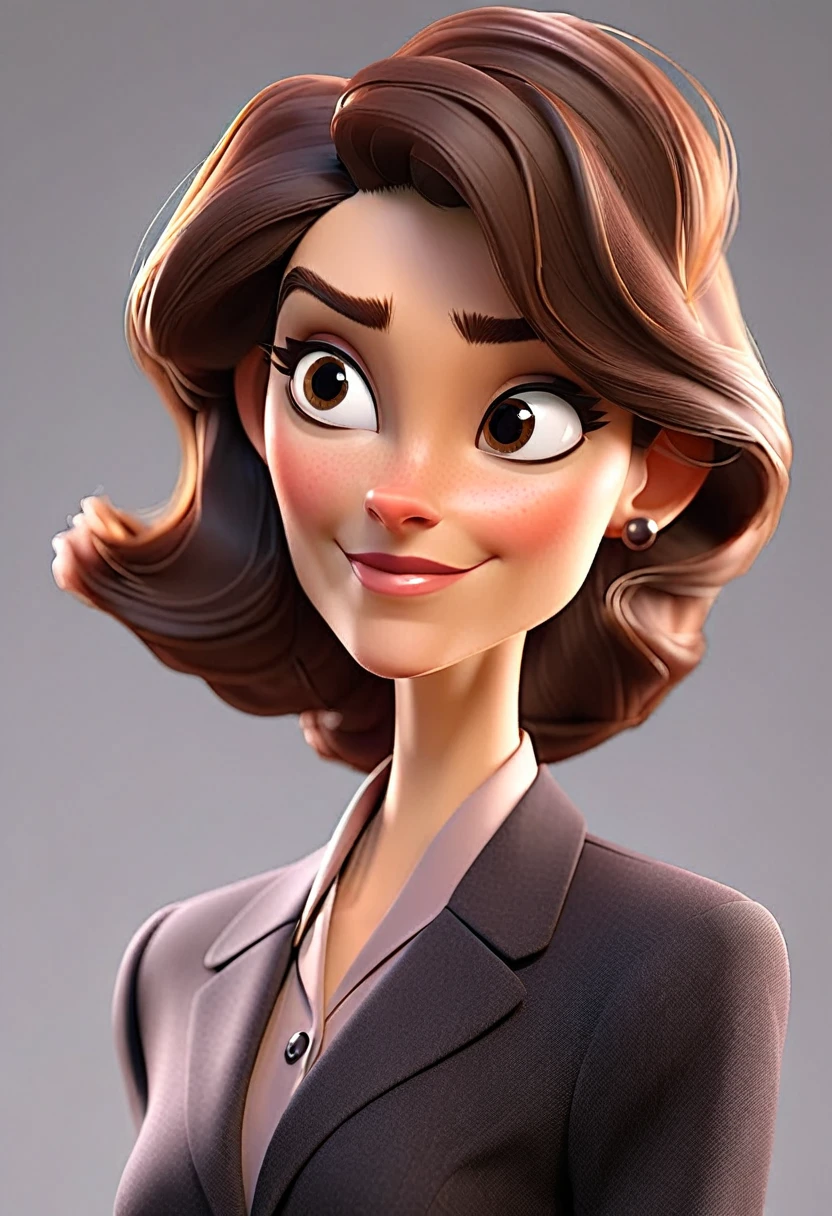 A middle-aged European woman in a modern business suit, depicted with a pleasant facial expression, the figure turned slightly towards the right shoulder, at an angle of 20%, front to back view. Professional color correction with soft shadows, professional studio lighting.