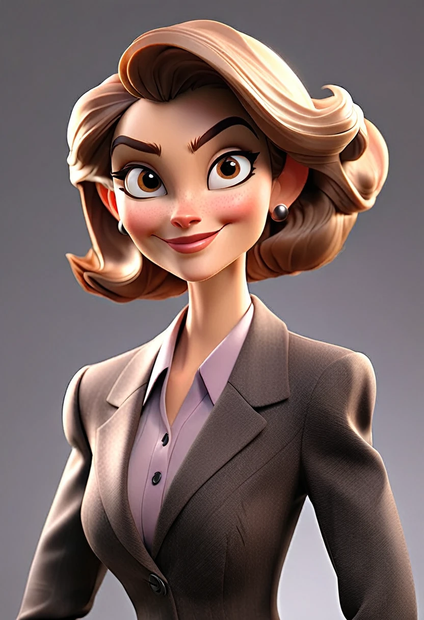 A middle-aged European woman in a modern business suit, depicted with a pleasant facial expression, the figure turned slightly towards the right shoulder, at an angle of 20%, front to back view. Professional color correction with soft shadows, professional studio lighting.