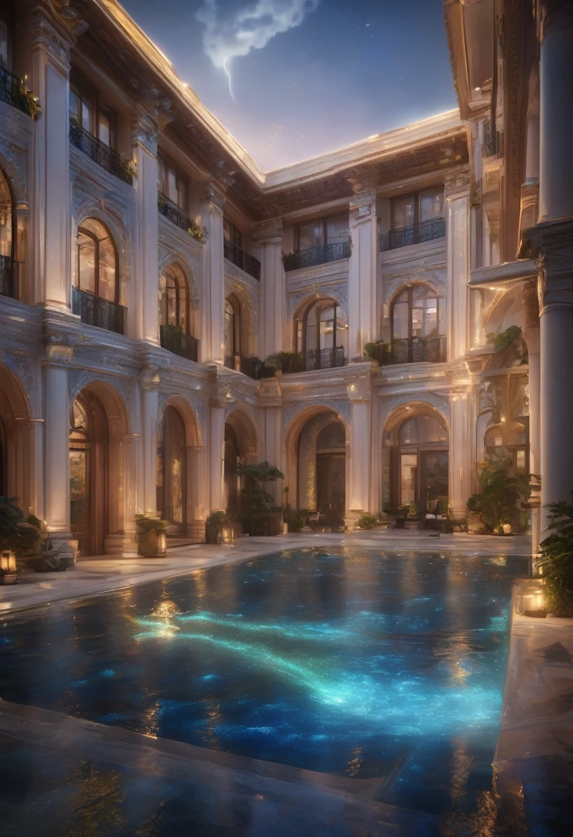 a detailed architectural classicism rendering of an oasis, holographic displays, stunning lightning design, beautiful detailed architecture, highly detailed, photorealistic, 8k, best quality, masterpiece, ultra-detailed, hyper-realistic, cinematic lighting, dramatic lighting, volumetric lighting, intricate details, ornate details, grandiose scale, stunning perspective, mesmerizing, awe-inspiring, breathtaking