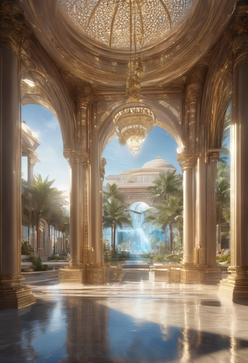 a detailed architectural classicism rendering of an oasis, holographic displays, stunning lightning design, beautiful detailed architecture, highly detailed, photorealistic, 8k, best quality, masterpiece, ultra-detailed, hyper-realistic, cinematic lighting, dramatic lighting, volumetric lighting, intricate details, ornate details, grandiose scale, stunning perspective, mesmerizing, awe-inspiring, breathtaking