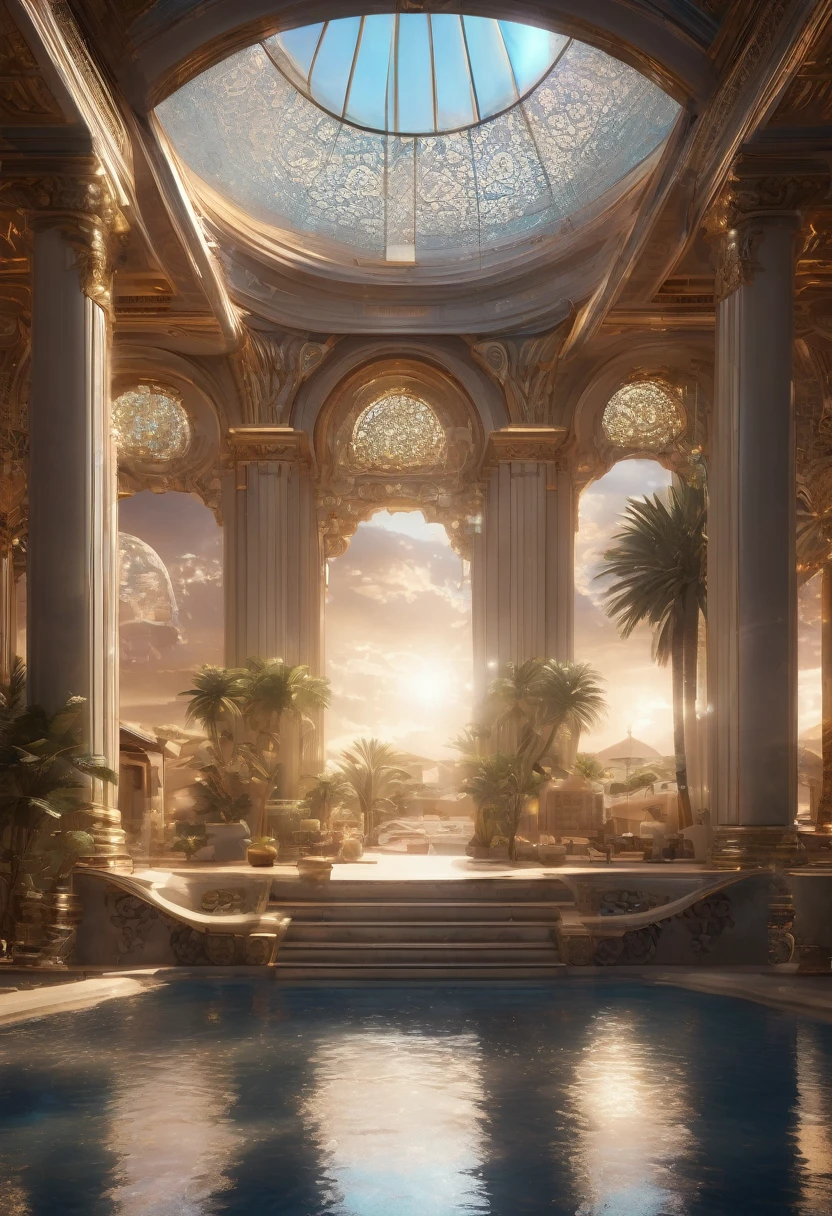 a detailed architectural classicism rendering of an oasis, holographic displays, stunning lightning design, beautiful detailed architecture, highly detailed, photorealistic, 8k, best quality, masterpiece, ultra-detailed, hyper-realistic, cinematic lighting, dramatic lighting, volumetric lighting, intricate details, ornate details, grandiose scale, stunning perspective, mesmerizing, awe-inspiring, breathtaking