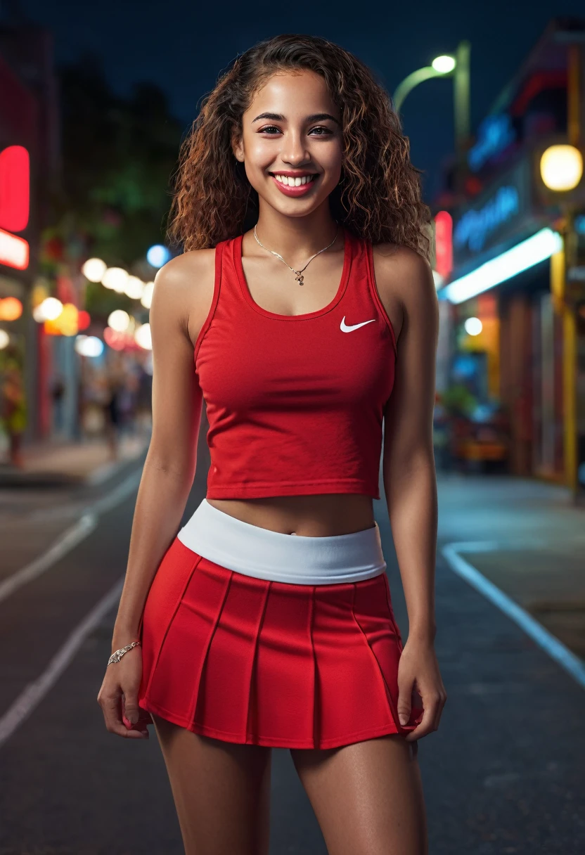8k,beautiful mixed girl, extremely detailed sexy full body, beautiful detailed eyes, beautiful detailed lips, smile, Red tank top, red mini skirt, Nike white air sneaker, night, vibrant colors, Macdonald, (best quality,4k,8k,highres,masterpiece:1.2),ultra-detailed,(realistic,photorealistic,photo-realistic:1.37),portrait,landscape