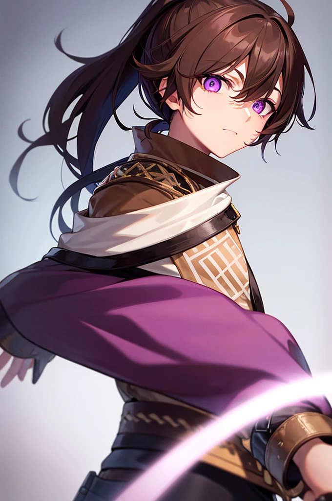 male, brown hair in a ponytail, white fringe, purple eyes, scar across one eye, one eye glowing, guantlets on hands, anime style