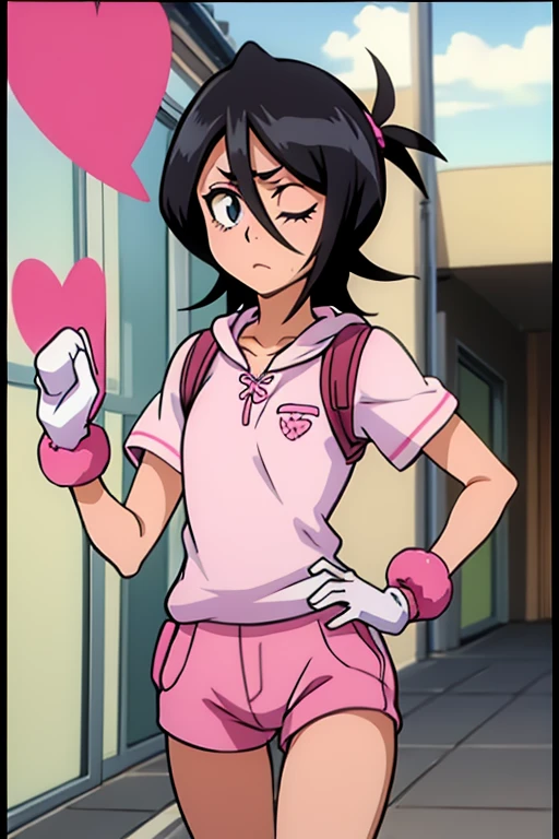 girl in pink running shorts, wearing oven mittens tucked in pockets, blindfold
