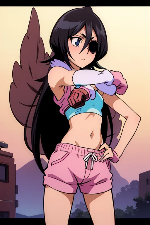 girl in pink running shorts, wearing oven mittens tucked in pockets, blindfold
