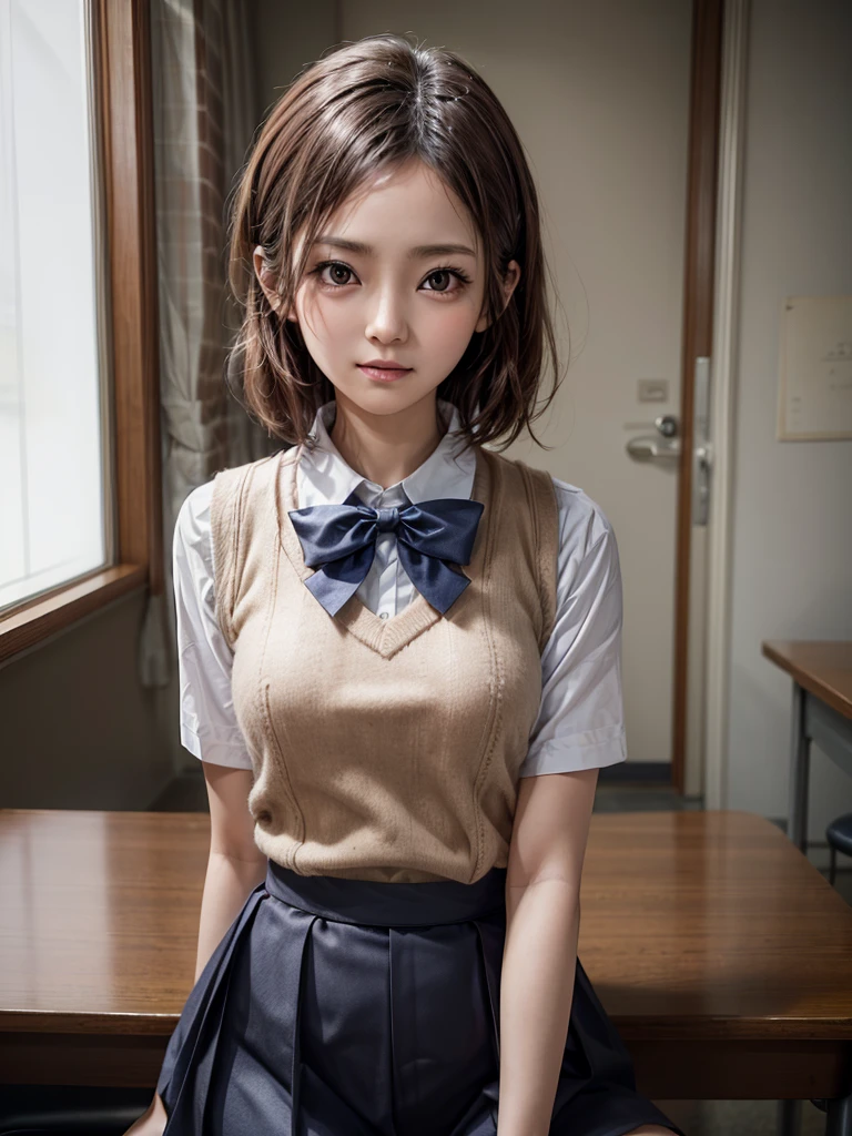 Masterpiece, Top Quality, Top Mikoto, brown eyes, short hair, small breasts, looking at viewer, alone, closed mouth, collared shirt, beige knit vest, dark blue Skirt, school_uniform, shirt, white_shirt, classroom,Masterpiece, highest quality, 8K, detailed skin texture, fine cloth texture, beautiful detailed face, intricate details, super detailed,cute,cute posing,composition that shows the whole body,