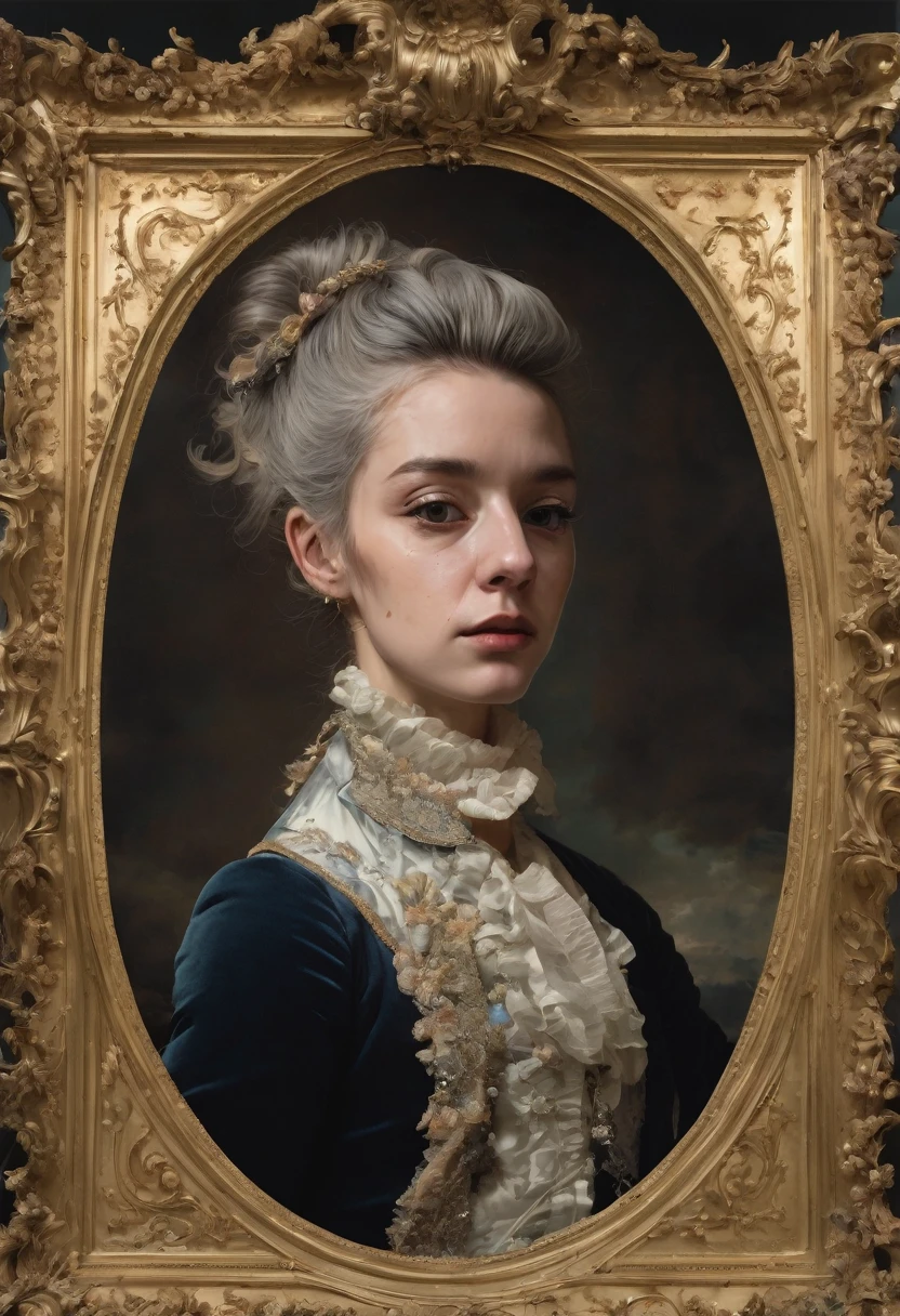 
2. A psychological portrait in rococo style, exploring disappointment through chaos and graininess effects.

