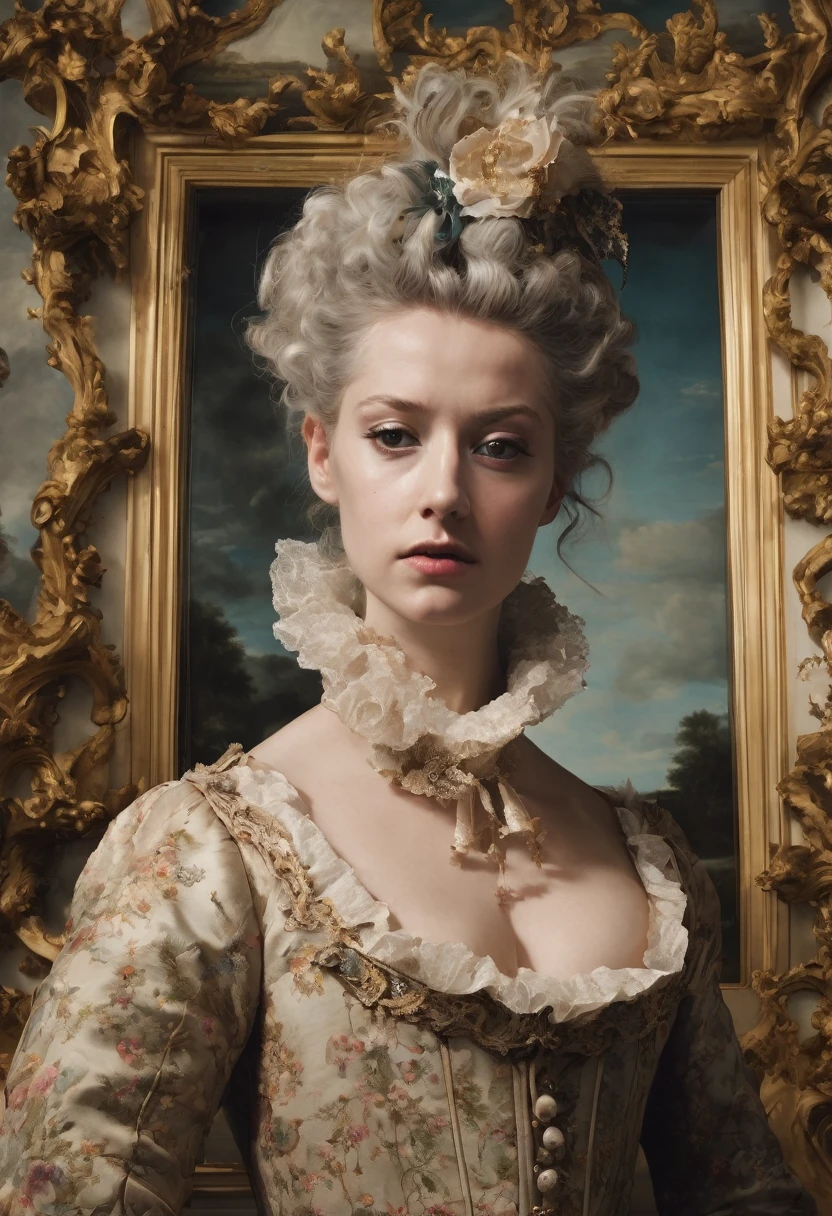 
2. A psychological portrait in rococo style, exploring disappointment through chaos and graininess effects.

