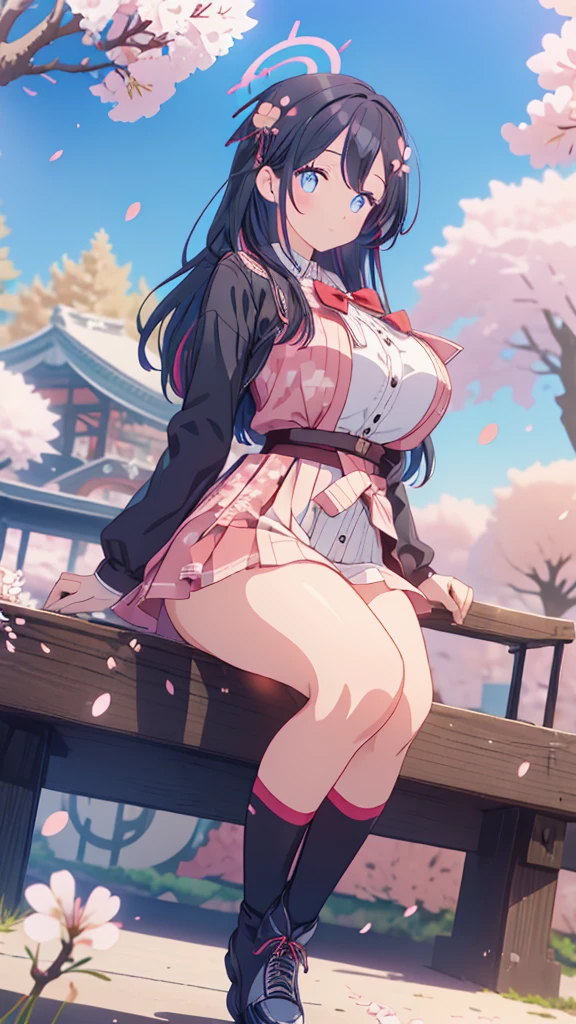 best quality, extremely detailed, anime style adult 1girl, long hair down to the waist, straight hair, ((dark black hair with bluish)),crown braid,beautiful detailed eyes, pinched eyes, dark blue eyes, huge breasts,curvy,(((colorful clothing))),Western clothes,Active Clothing,Clothing with intricate decorations,((foppery shoes)),animation cap,animated gif,((((Cherry Blossom Park)))),((pov))