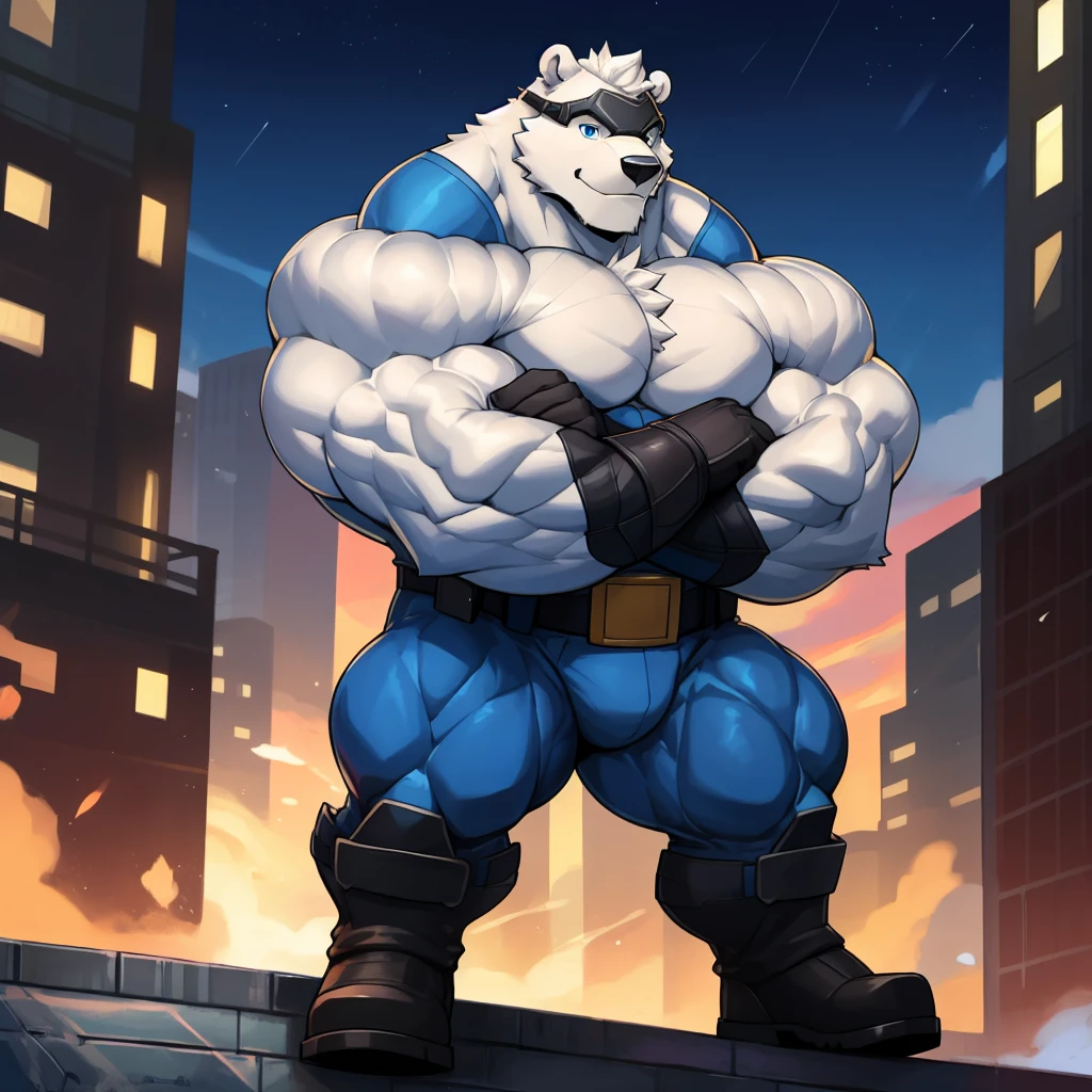 solo, 1boy, Huge Muscular White Polar Anthropomorphic polar bear, superhero, have a pumped body,hot,Have chest muscles,white hair,Standing on the rooftop of the building,Wear blue eye mask,Wear a super-suit,An armor blue coloured breastplate, pants and boots, black sleeves with biceps, belt with a golden triangle, blue gloves with five fingers, crossed arms, heroic black eyebrows, city background, masterpiece, high detailed, 8k, high resolution, at the gym, flexes huge muscles, looking at the viewer, acting all sexy