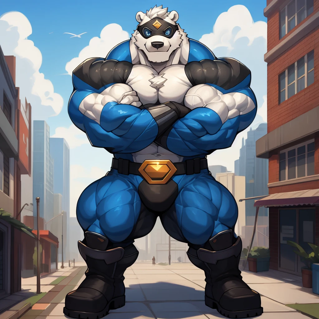 solo, 1boy, Huge Muscular White Polar Anthropomorphic polar bear, superhero, have a pumped body,hot,Have chest muscles,white hair,Standing on the rooftop of the building,Wear blue eye mask,Wear a super-suit,An armor blue coloured breastplate, pants and boots, black sleeves with biceps, belt with a golden triangle, blue gloves with five fingers, crossed arms, heroic black eyebrows, city background, masterpiece, high detailed, 8k, high resolution, at the gym, flexes huge muscles, looking at the viewer, acting all sexy