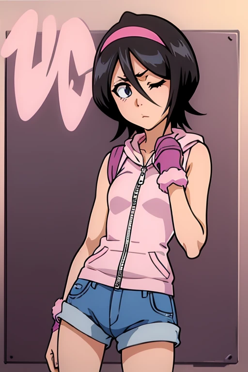 girl in pink unzipped shorts, wearing oven mittens tucked in pockets, blindfold