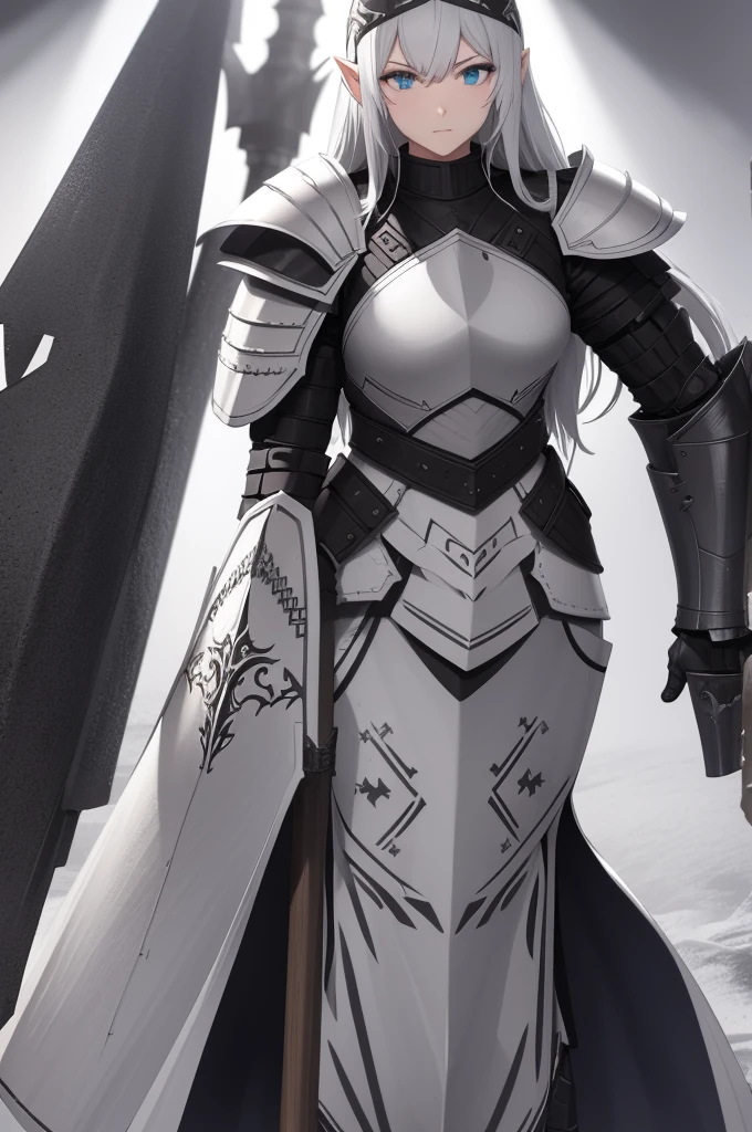 броня Paladinа, heavy armor, Heavy armor, Paladin, a spear, Эпическая броня Paladinа, heavy armor. Dramatic, Female Elf, Big Shield, white long hair, White mantle