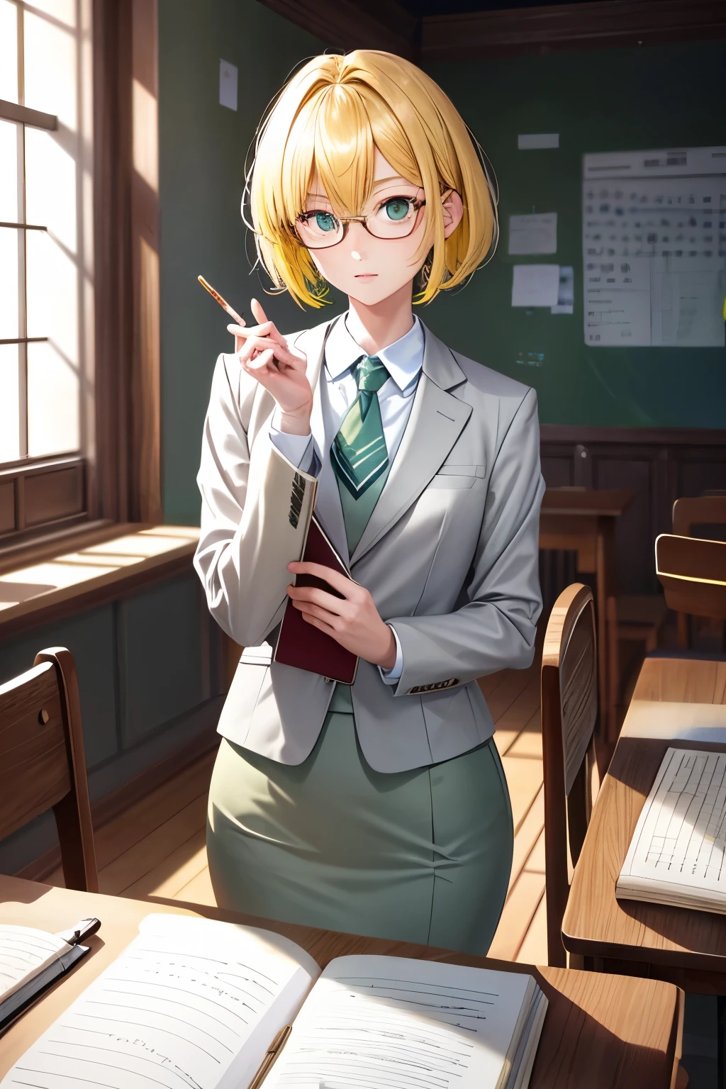 (Create an image)
Title: "Bright-Eyed Scholar"
Description:
(best quality, highres:1.2), 1girl, vibrant yellow hair, bright detailed eyes, neatly-spaced eyelashes, medium:digital painting, vibrant colors, HDR, natural lighting, highly-detailed painting, sharp focus, physically-based rendering, extreme detail description, portraits, academic gaze, smart glasses, short bob haircut, modest , white blouse, grey pencil skirt, green tie, khaki blazer, notebook in hand, fingers tracing mathematical equations, sleeves rolled up, engaged expression, hands-on learning, back