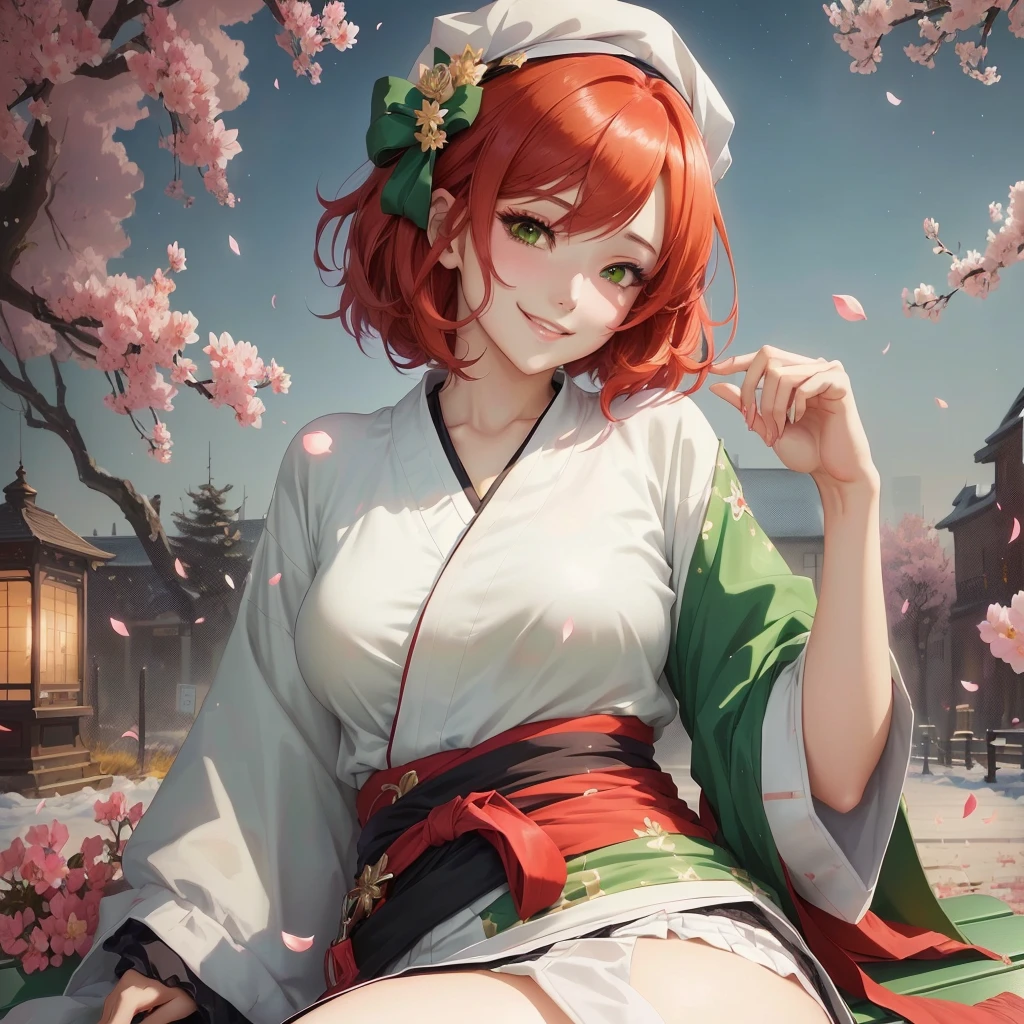 anime girl with red hair and green eyes sitting on a bench, anime style 4 k, sakura petals around her, anime art wallpaper 4k, anime art wallpaper 4 k, beautiful anime portrait, anime wallpaper 4 k, anime wallpaper 4k, digital anime art, anime styled digital art, guweiz on pixiv artstation, anime art wallpaper 8 k, beautiful background, night time, stars, moonlight, beautiful smile, smiling woman