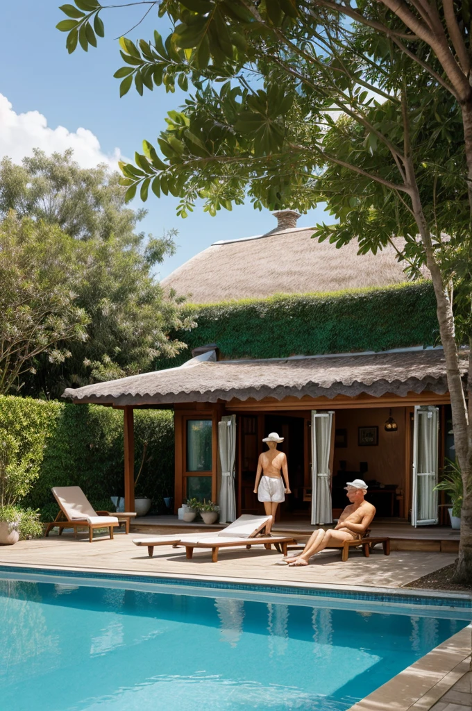 photograph,Small cottages around the pool,Several bronze women walking,A Caucasian man in his 50s is relaxing by the pool