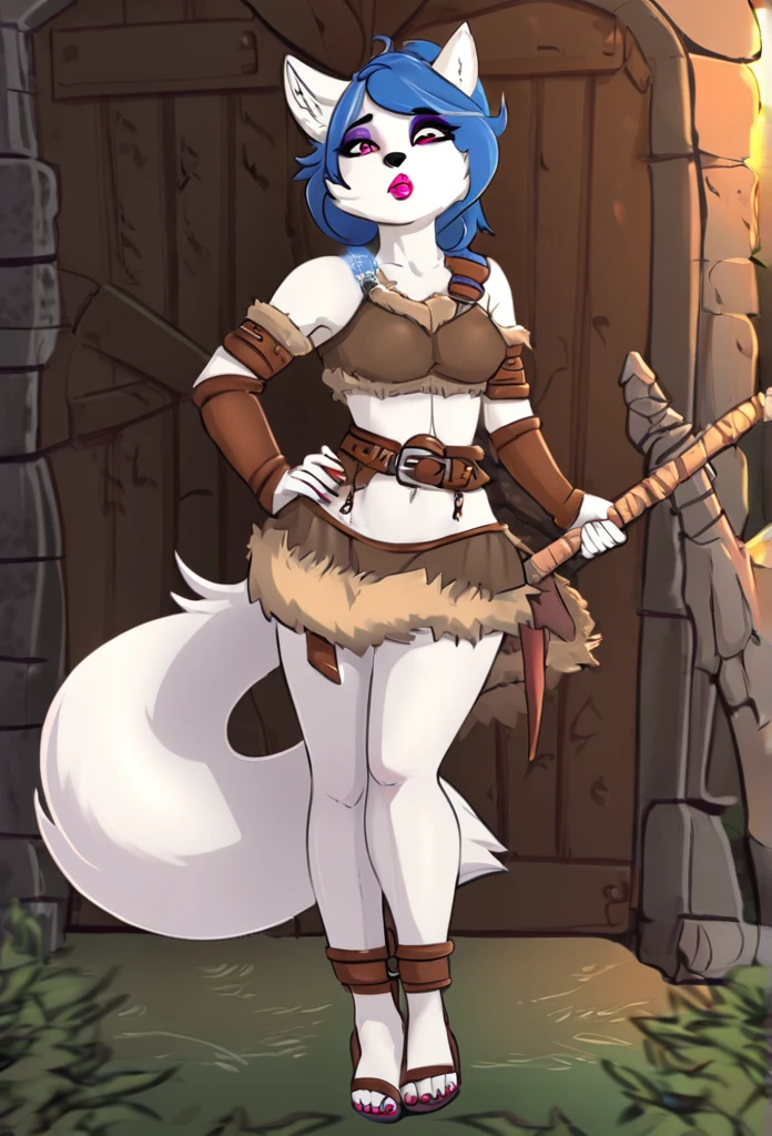 Arctic fox as a a boy undergoing feminization, barbarian, female clothes, makeup
