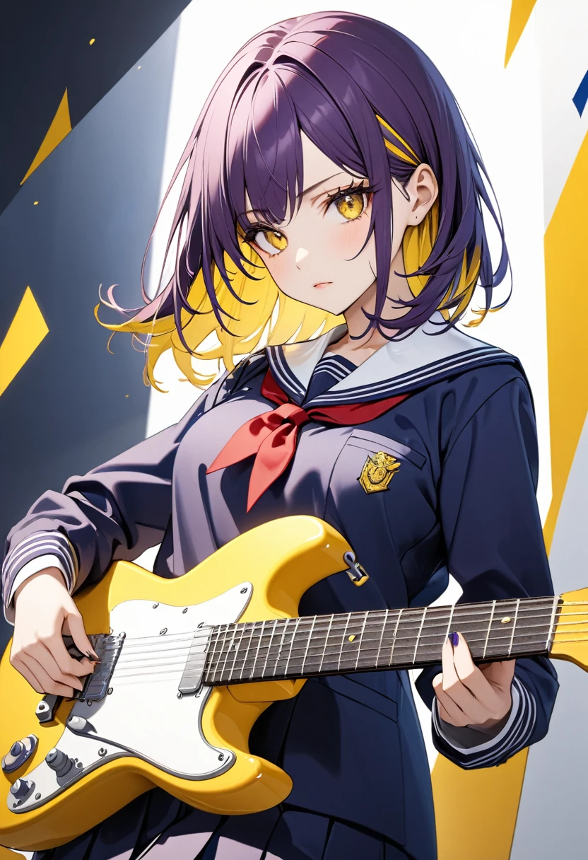 8K, Female model, two color hair; dark purple with yellow details, parted bangs, yellow eyes, neutral expression, navy blue white and red school uniform, white guitar
