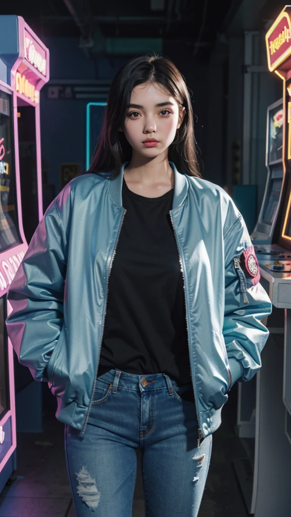 Design an illustration of a 1980s young girl wearing acid wash jeans and a bomber jacket, (hands in jacket pockets) in a neon-lit room with arcade machines. Detail face