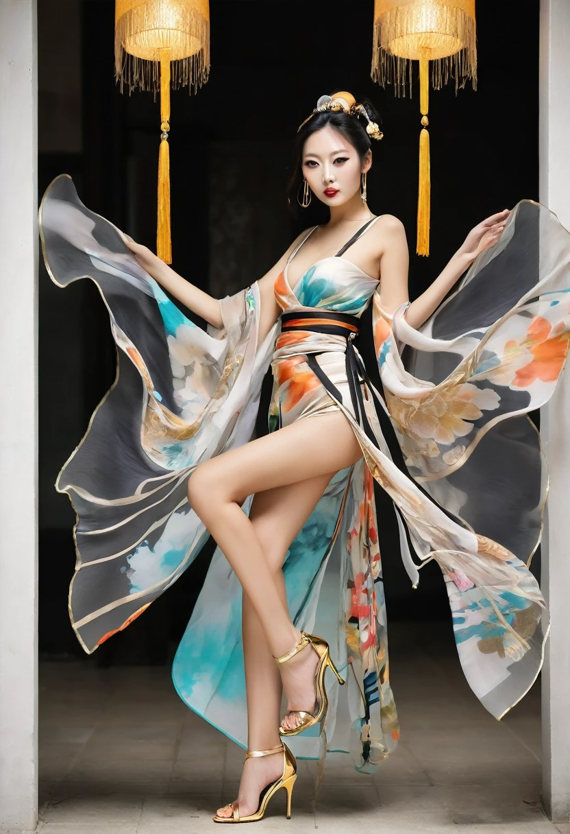 Wait warrior sexy, pretty face, Delicious Company, Alluring figure, Wearing a sexy open kimono. The artwork is created in a medium reminiscent of Japanese ink paintings....., Features bold brushstrokes and a Monochromatic color palette. Artist'Masterful technique reveals the intensity and power of the image'sense of presence,with the highest quality, Perfectly capture every detail with ultra-high resolution. Textures and intricate patterns on kimonos are rendered with extreme precision. Lighting is carefully designed,Enhance drama, Features deep shadows and subtle highlights. general, The artwork exudes elegance and power, Combining traditional Japanese aesthetics with a modern feel. Monochromatic color palette, Combine details, Create captivating and immersive experiences for your audience. Lighting: Face lighting, Ray tracing, reflective light, Structurally correct, a half-asian, asian-european, woman with black wavy hair in the style of a greek goddess. bronze skin. Aphrodite, goddess, divine aura, eros, erotic, A photo composed in the style of a pre-raphelite painting, golden ratio Background: High contrast, in the ruins of a greek temple, on an island, colours of teal and bronze, wearing ancient jewellery on upper arms, neck, wrists, fingers
very very fine see through and sheer fabric, gossamer, fabric split all the way down, silk ribbons attached to a collar, ((dress open, falling from body)) (( off the shoulders)) golden high heels with straps and sandals,