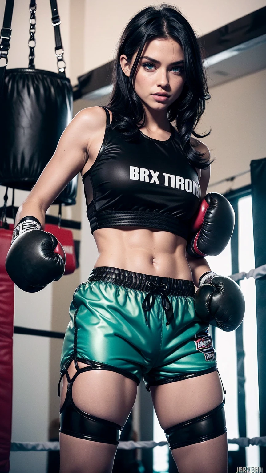 Sexy raven-haired college bombshell, (sexy alluring attractive face), 18 years old, green eyes, ((black boxing shorts:1.3)), ((sexy boxing shorts:1.3)), (skimpy bra:1.3), ((black boxing boots)), green eyes, straight jet-black hair, muscular arms, muscular body, tiny waist, boxing gloves, ((lipstick, heavy makeup:1.3)), ((wet shorts:1.3)), full lips, perfect face, slutty makeup, ((firm round breasts:1.3)), intimidating pose in a boxing ring, ((full body portrait:1.3)),