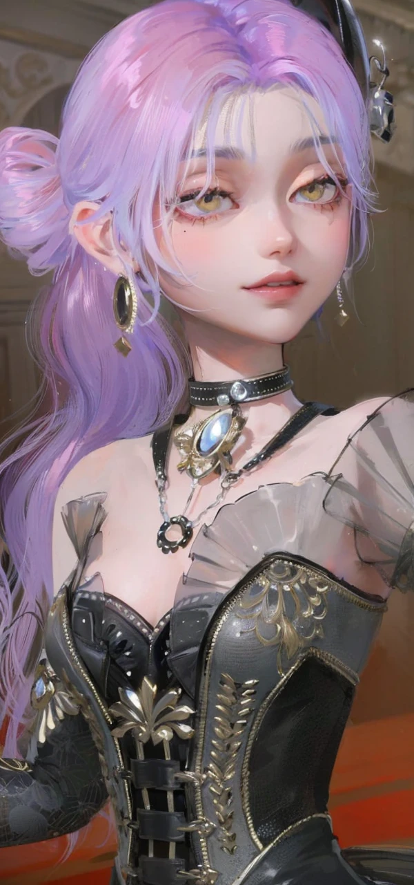 Best quality, masterpiece, yellow eyes, high quality hair, purple hair, yellow eyes, high quality eyes