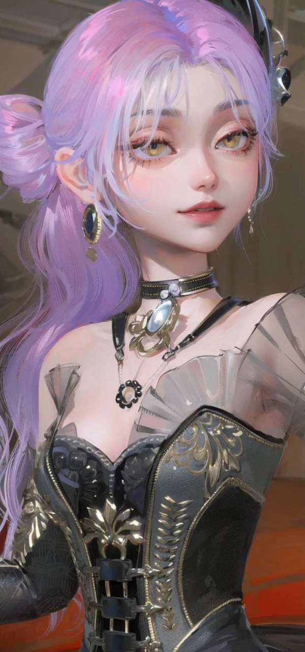Best quality, masterpiece, yellow eyes, high quality hair, purple hair, yellow eyes, high quality eyes