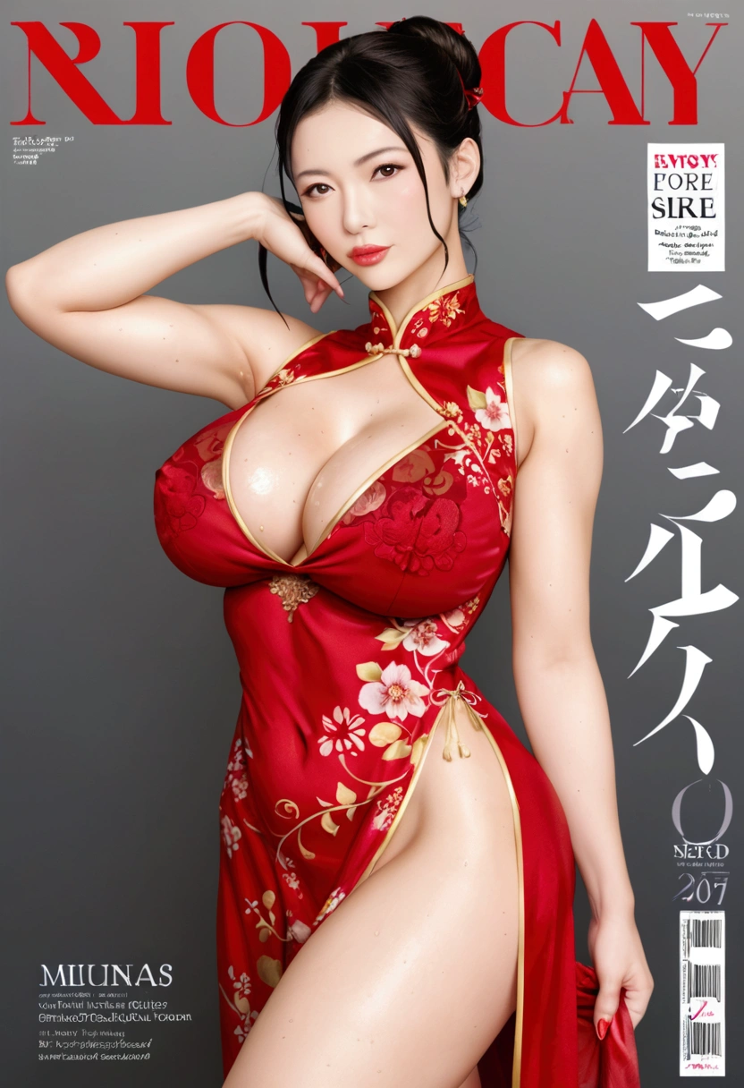 ( Magazine cover:1.2), 1 beautiful sexy woman，beautiful eyes(Wear sexy cheongsam),(pouty),E7E48U，All sweaty，Large Breasts，pubic hair