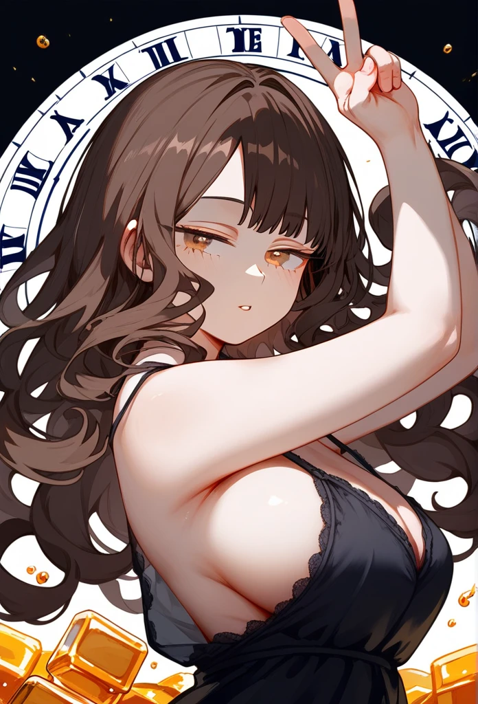 masterpiece, Score_9, Score_8_up, Score_7_up, rear view, 1 woman, alone, brown hair, long curly hair, split bangs, honey eyes, half-closed eyes, parted lips, expressionless, pale skin, large breasts, upper body, Black nightdress with V-neckline, black background, best quality, long and split bangs, boku no Hero academia , with clocks background