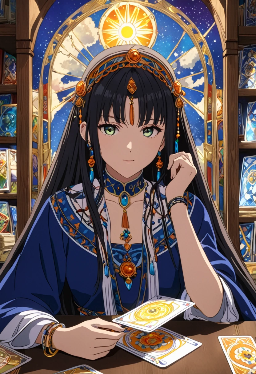 (masterpiece, best quaility, high detail, beautiful and delicated eyes and face, vivid colors:1.3), Una astrologa leyendo la fortuna con cartas del tarot, anime screencap, pov, el fondo es el interior de una tienda gitana